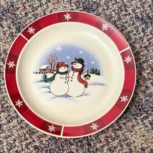 Royal Seasons Stoneware Christmas Snowman Dinner Plate - Red Trim